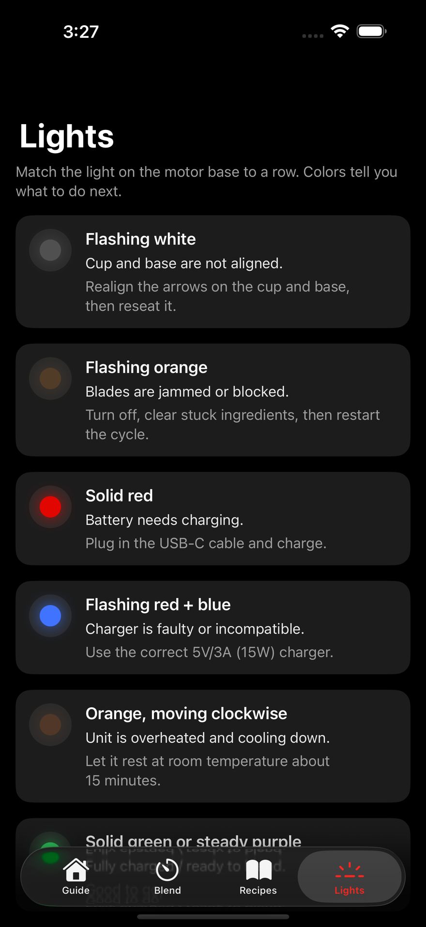 Lights tab listing LED colors with what each one means and what to do